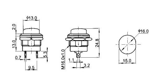 Monostabilné spínacie tlačidlo 3A 250V okrúhle chvíľkové červené 13mm