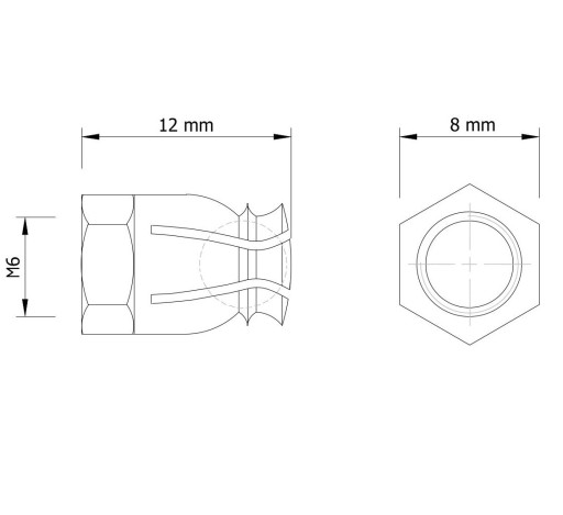 M6 x 12 mm mosadzná objímka s expanznou guľou, nábytková vložka na drevo