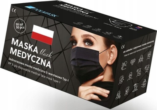POĽSKÉ MASKY 50x CERTIFIKÁT ZDRAVOTNEJ MASKY TYP IIR Čierna