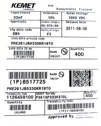 Fólia RIFA 33nF 0,033uF 10% 500V AC 10ks