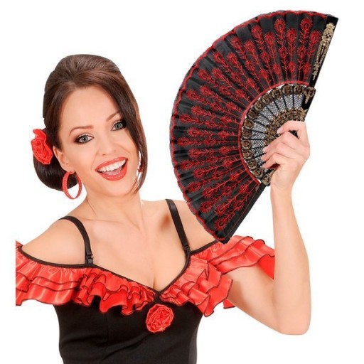 ŠPANIELSKY VENTILÁTOR ČIERNE ČERVENÉ FLAMENCO