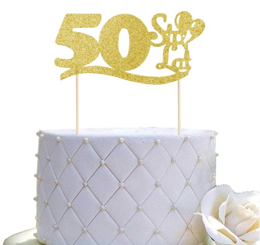 Narodeninový topper 50 HAPPY BIRTHDAY ozdoba na tortu balóniky piker GOLD Glitter