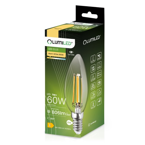 LED žiarovka E14 FILAMENT sviečka 7W LUMILED 3000K