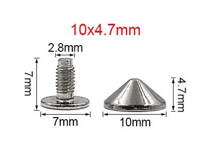 Kužeľ svorníky na skrutku 10mm 10ks leštený nikel punk kov natĺkací kužeľ