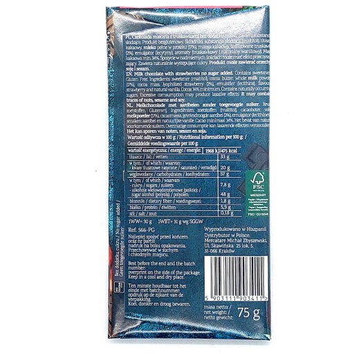 Pure&Good mliečna čokoláda s jahodami 75 g Bez pridaného cukru a lepku
