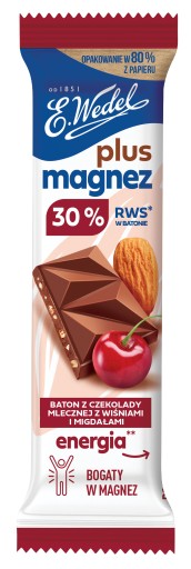 E.Wedel tyčinka plus horčíková mliečna čokoláda s čerešňami a mandľami 24 g
