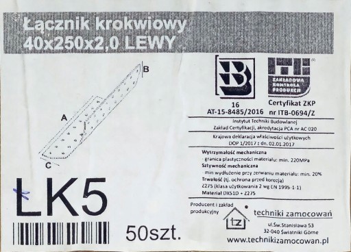 RAFTER tesárska spojka 40x250mm ĽAVÝ ŁK5
