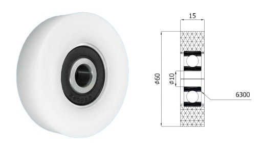 Plastový valček s ložiskom fi 60mm fi 10mm