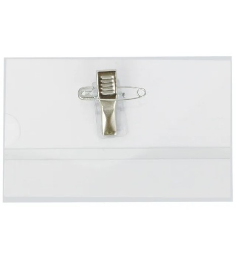 Identifikátor s klipom a zatváracím špendlíkom, priehľadné PVC, 9x5,5cm GRAND