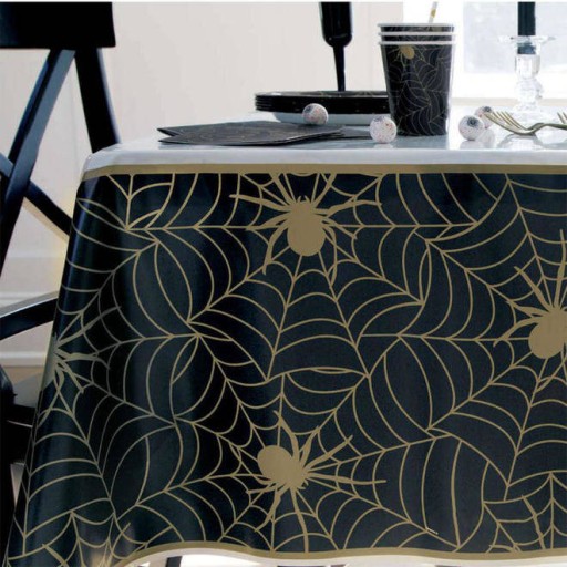 Halloweensky obrus Golden Spiderweb 137 x 213 cm