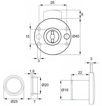 SISO MILLENIUM okrúhly zámok 19 / 22 mm UNIVERZÁLNY NÁBYTOKOVÝ ZÁMEK