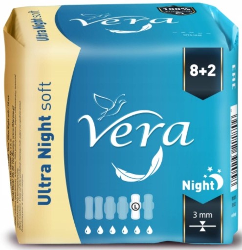 Ultra NIGHT Mäkké hygienické vložky na noc VERA s krídelkami 8+2 kusy