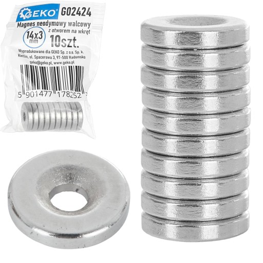 Cylindrický neodýmový magnet s otvorom pre skrutku 14x3mm, sada. 10 ks GEKO G02424