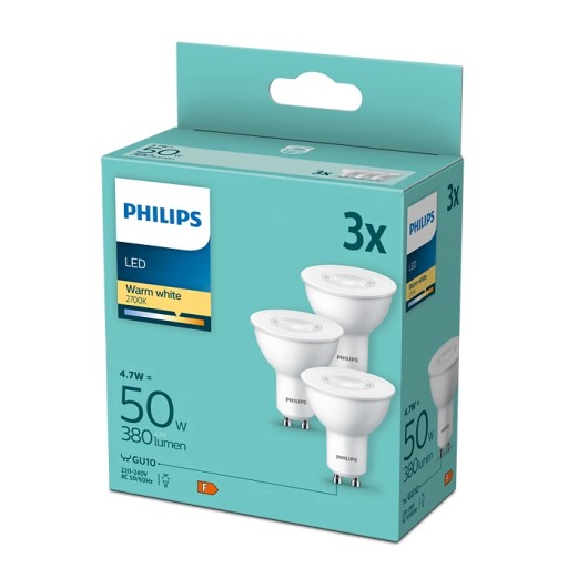 3x GU10 Philips LED žiarovka 4,7W = 50W / 380 lumenov / farba 2700K / 36°