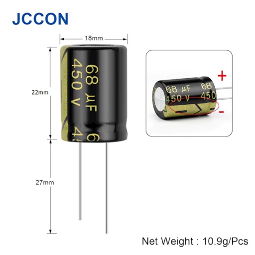 AUDIOFILNÝ KONDENZÁTOR 68UF 450V ELEKTROLYTICKÝ Ø18x22mm 105°C JCCON