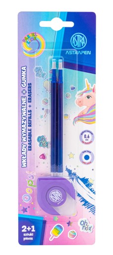 Súprava 2x zmazateľný atrament Blue Oops! 0,6 mm + guma 2v1 Astra UNICORN