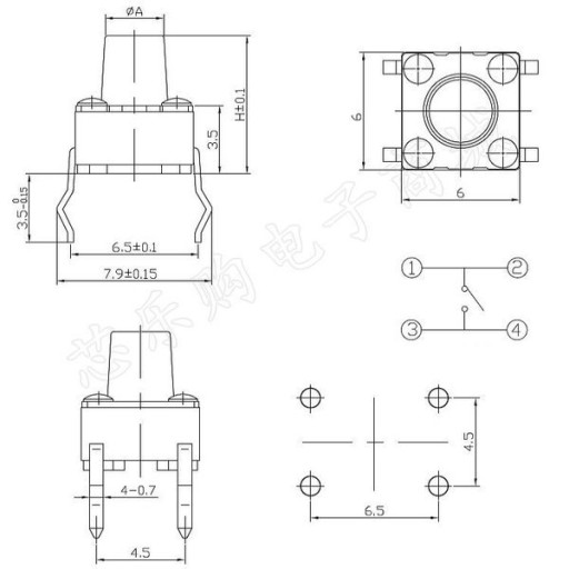 Mikrospínač TACT 4,5x4,5x3,8mm mikrospínač x10 kusov
