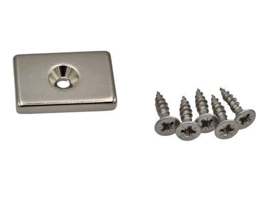 Neodymový tanierový magnet 30x20x5 N42 s kónickým otvorom 8/4 mm + 2x skrutka
