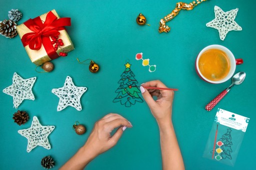 3x Maľba čačky, prívesok na vianočný stromček, DIY SET, vitráže + farby