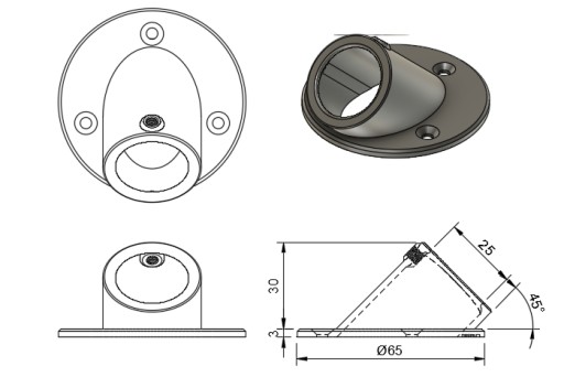 Šikmá rozeta, 45 stupňov pre 25 mm tyč, Šikmá rukoväť pre nábytkovú rúrku 25 mm, čierna