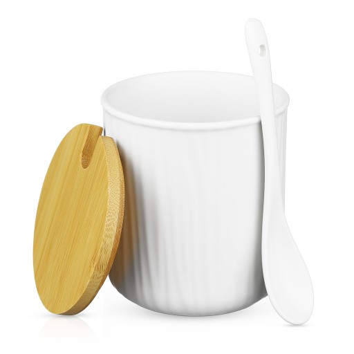 PORCELÁNOVÁ MISKA NA CUKOR S BAMBUSOVÝM viečkom A LYŽIČKOU NÁDOBOU NA CUKOR