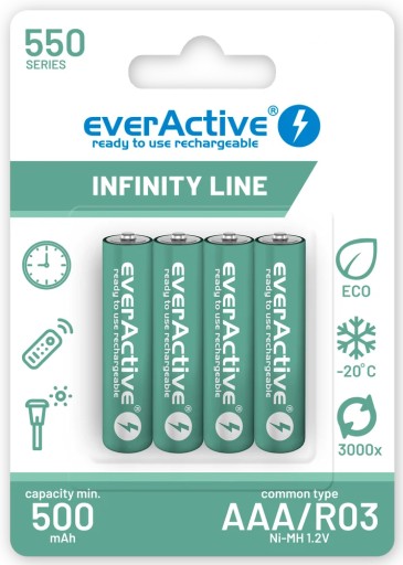 4x NABÍJACIE BATÉRIE NI-MH EVERACTIVE R3 AAA 550mAh pre SOLÁRNE LAMPY