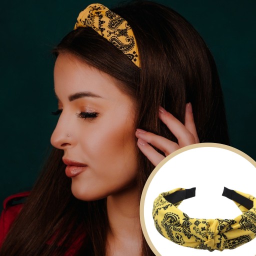 ŠIROKÁ čelenka, žltá, POHODLNÁ, s paisley uzlom, MÓDNA