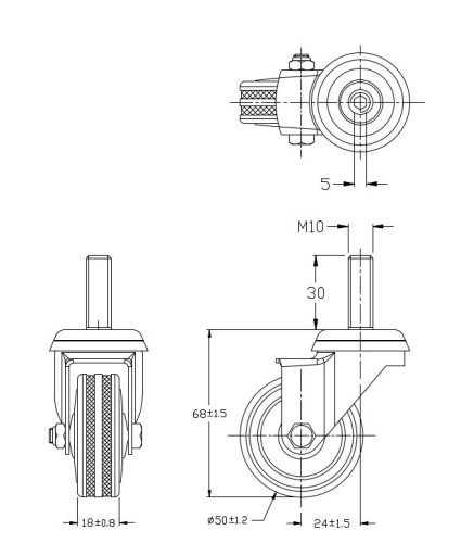 OTOČNÉ KOLESO GUMOVÉ KOLESÁ OTOČNÉ KOLESO 50MM 25KG SHANK M10