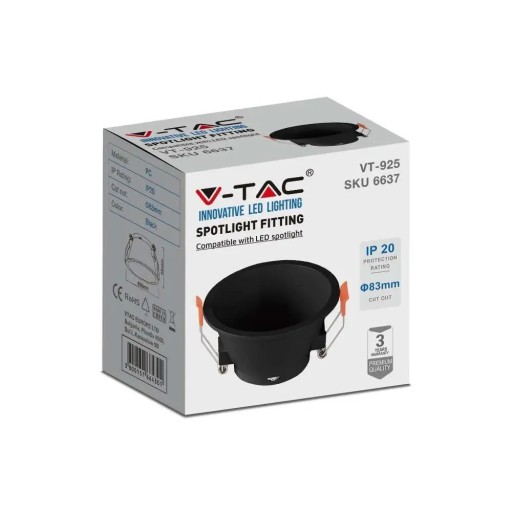 V-TAC GU10 očko zapustené hlboké okrúhle čierne VT-925 3-ročná záruka