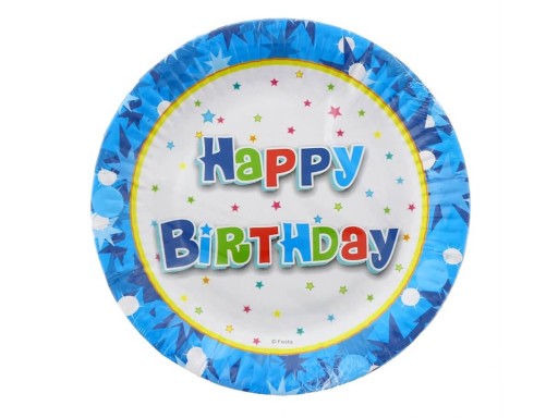 Papierové taniere Happy Birthday, modré, 18 cm, 6 ks.