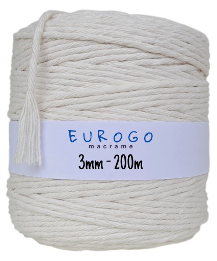 Točená bavlnená šnúra Macrame, prírodná, 200 m, 3 mm