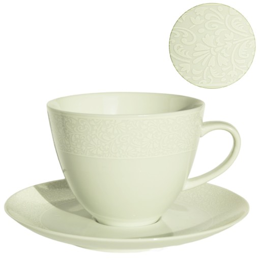 Veľká biela porcelánová šálka s podšálkou 450 ml čipka Rina 1079