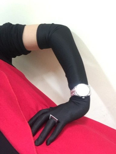 DLHÉ VEČERNÉ RUKAVICE RETRO ČIERNA LYCRA ELEGANTNÉ