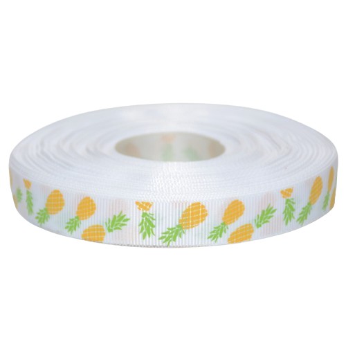 Stuha grogrén, biela, potlač ANANÁS, 15 mm, ozdobná stuha, 3 metre, darček