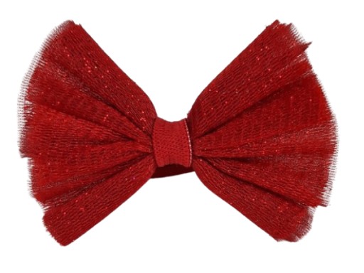 Červená gumička do vlasov s mašľou s lesklým/glitrovým tylom