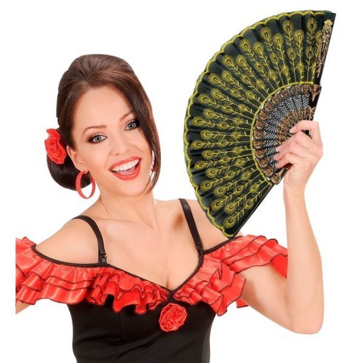 ŠPANIELSKÝ VENTILÁTOR ČIERNE ZLATÉ FLAMENCO