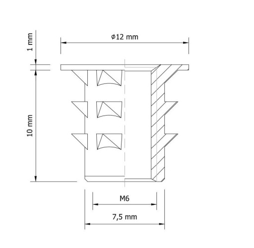 Nátrubok na nabíjanie M6 x 10 mm s nákružkom na drevo
