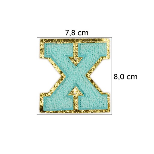 PATCH LETTER X, veľká aplikácia, trblietky ix cyan