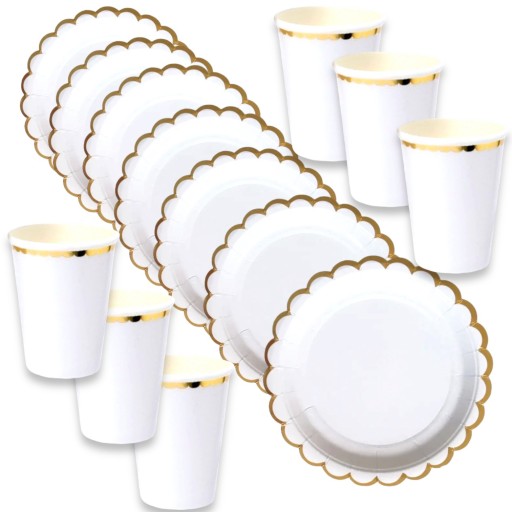 Párty set BIELE ZLATÉ elegantné BOHO POHÁRKY A PAPIEROVÉ TANIERE