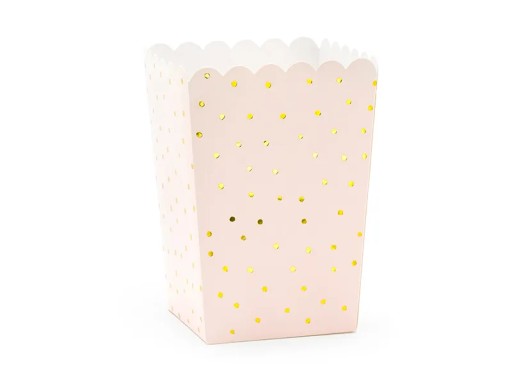 Krabičky na pukance Bodky svetloružové 7x7x12,5cm (1 balenie / 6 ks) Party De