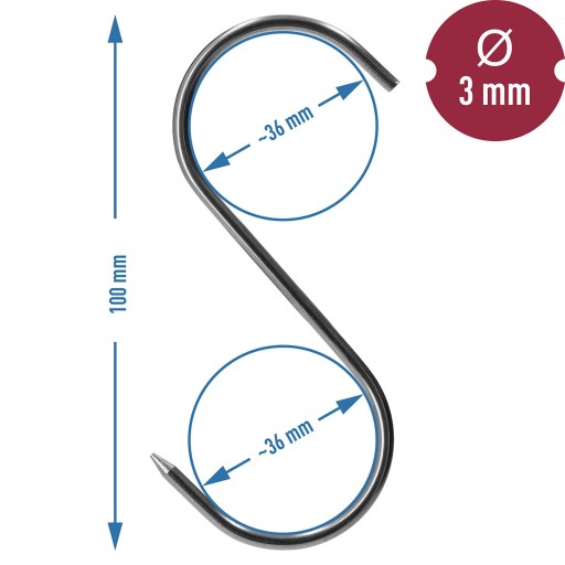 Údiarenské háky S - 100 mm, priemer 3 mm, 3 kusy