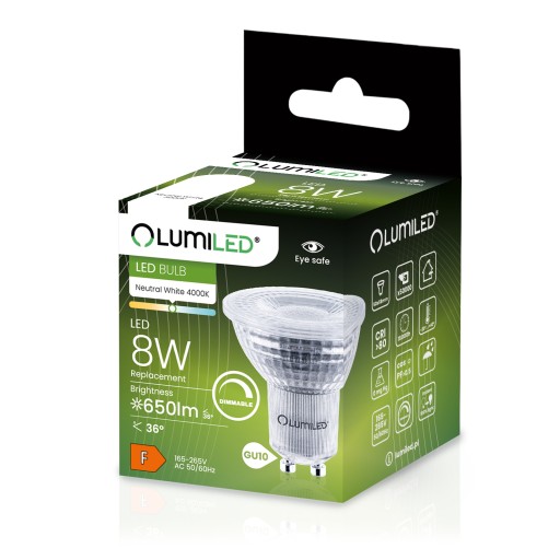 GU10 LED žiarovka 8W 650lm 4000K Neutrálny Reflektor 36° Stmievateľný