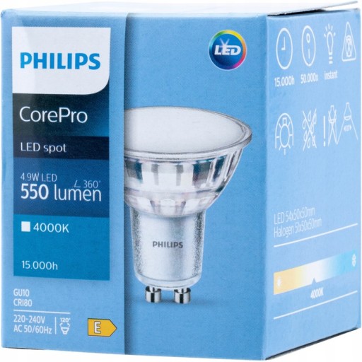 Philips CorePro GU10 LED žiarovka 4,9W=50W 550lm neutrálna farba 4000K 120°