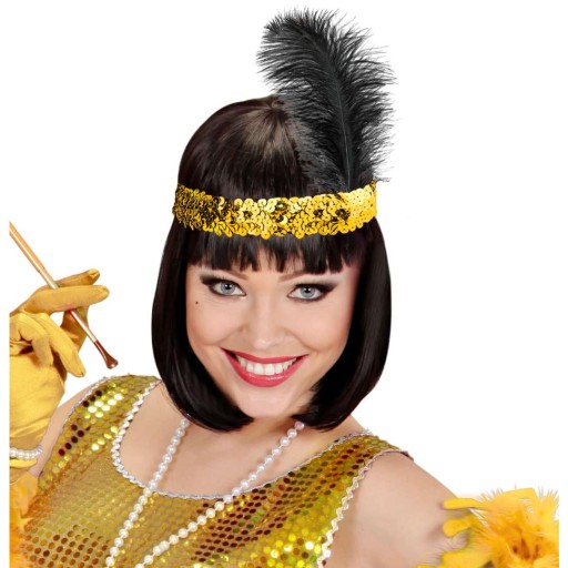 Elastický SEQUIN BAND, zlaté RETRO pierko, čierne, 20. roky 20. storočia, klapka