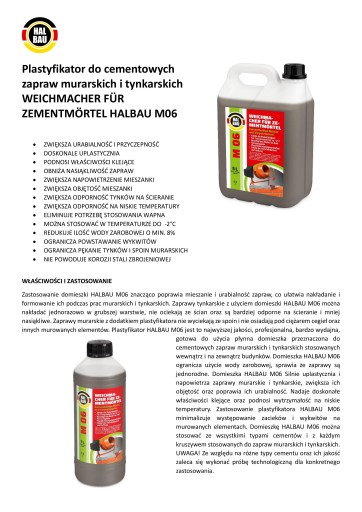 Plastifikátor 1L pre cementové malty HALBAU M06