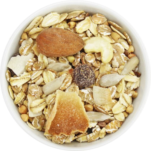 BIO ARAŠIDOVÉ MUSLI 250g ŠUNKOVÉ VRECKO OTVORENÉ A ZATVORENÉ 29% ORECHOV