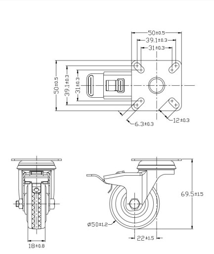 OTOČNÉ KOLESO S BRZDOU 50MM 25KG