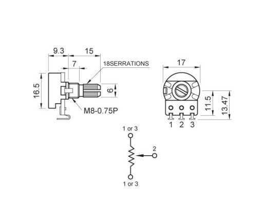 Lineárny gitarový potenciometer Partsland 250k/B