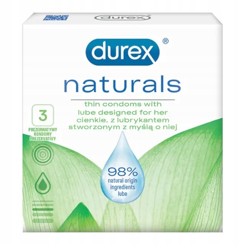 Durex NATURALS mega tenké kondómy, prirodzene zvlhčené, 3 ks.
