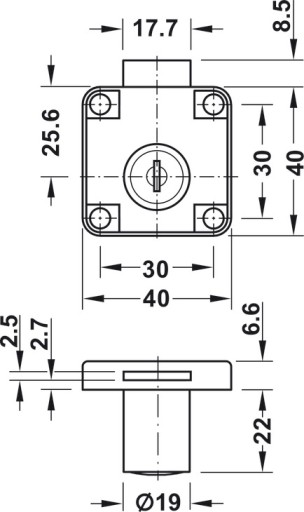 25 mm krabicový nábytkový zámok s rovnou závorou